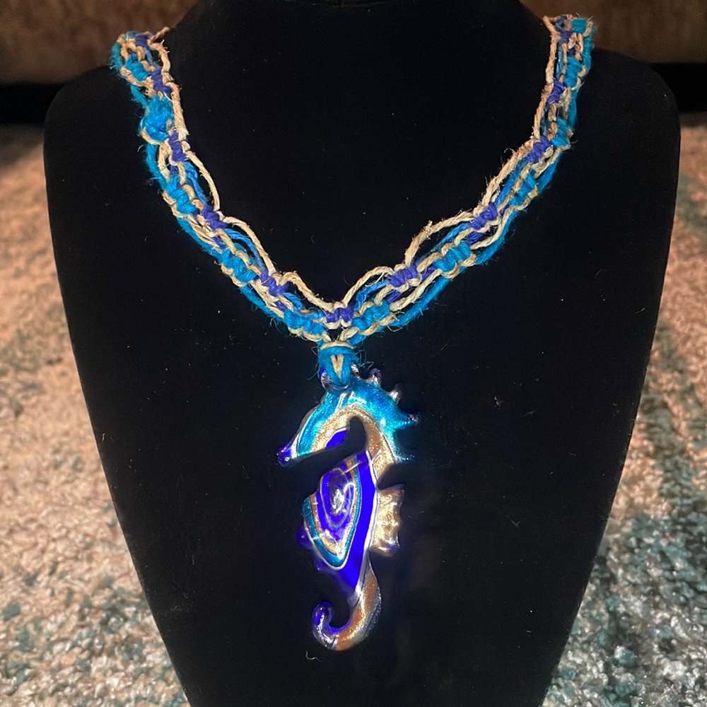 Handmade necklace glass seahorse macramé multi color hemp blue sea ocean